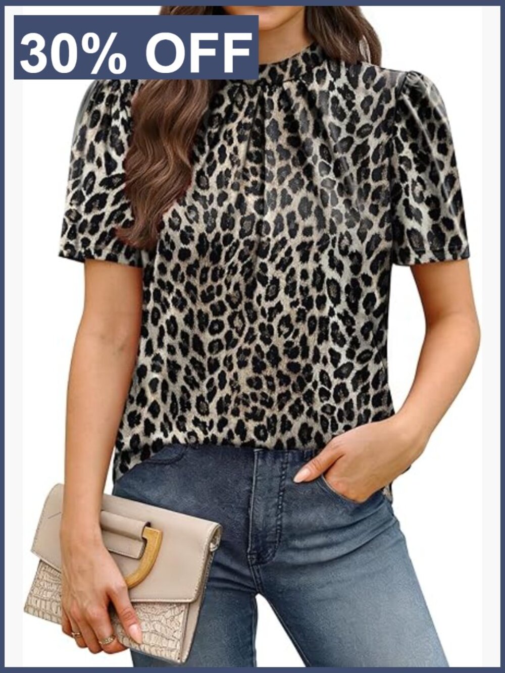 Mock Neck Short Puff Sleeve Blouse - Dressy Casual Summer Top